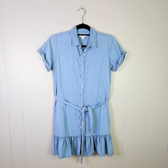 Japna Button Up Front Tie Waist Chambray Dress Super Soft Size Small Ruffle Hem - Picture 1 of 9